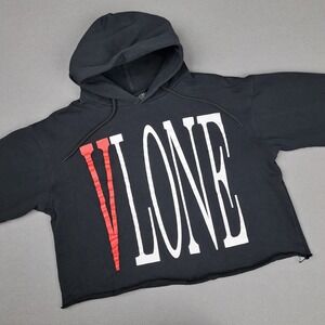 VLONE Hoodie Women XL Black Cropped Pullover Relaxed Fit Streetwear Thick Cotton